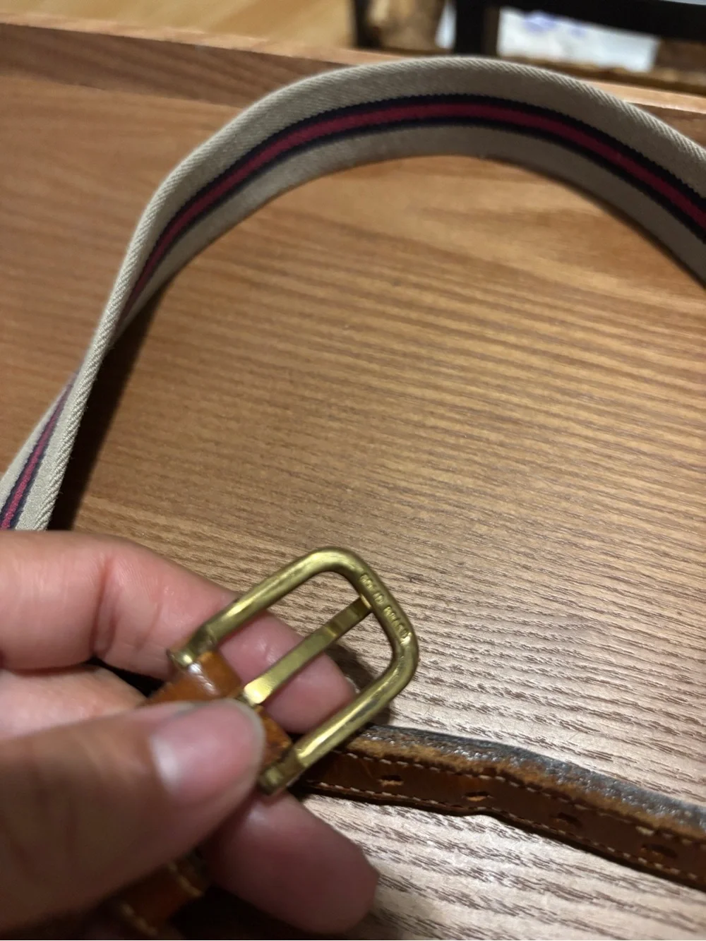 Vintage Dooney & Bourke Webbing Ribbon Belt Brown Leather Brass Buckle Size 28